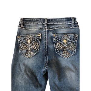 Rebel & Soul Women's Bootcut Jeans Size 8 Bedazzled Pockets Distressed Denim Y2K